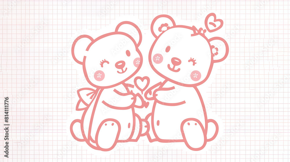 A pair of bears resting on a sheet of paper featuring a heart drawing A pair of bears resting on a sheet of paper featuring a heart drawing