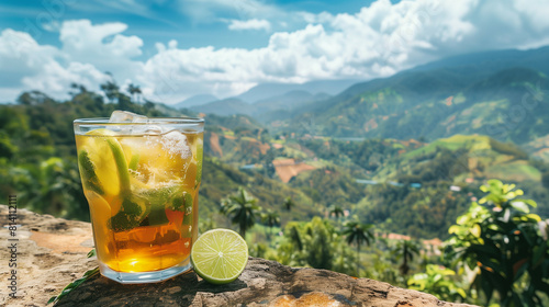 Perfect photo, stock photo style, Colombian aguapanela with lime, mountainous landscape  photo