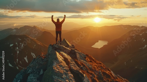 Free man at the top of the mountain at the sunset hands up © fotogurmespb