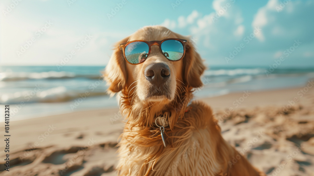 Golden retriever wearing sunglasses at the beach Golden retriever wearing sunglasses at the beach