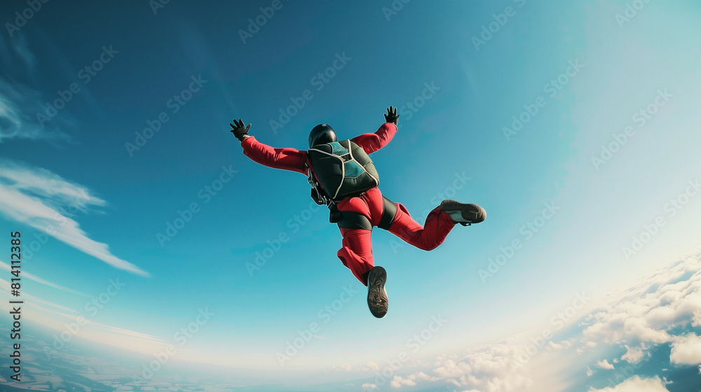 Person skydiving, exhilarating expression of freedom, blue sky Person skydiving, exhilarating expression of freedom, blue sky