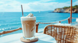 Greek frappe coffee on a sunny terrace, sea view 