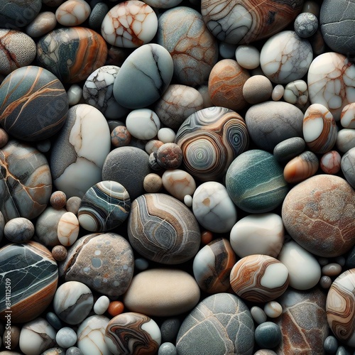 Polished rocks   smooth pebbles arranged in a close-up composition captured in sharp detail.