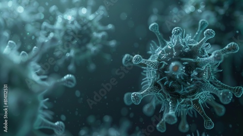 Close-up view of virus particle structure  intricate details and components under microscope