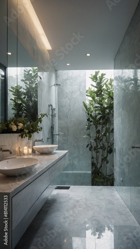 Modern bathroom basks in glow of both natural  artificial light  presenting harmonious blend of luxury  nature. Distinct veining of marble walls accentuated.