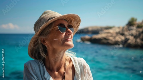 A woman with hidden face enjoys the seaside, steering towards the ocean, embodying wanderlust and freedom