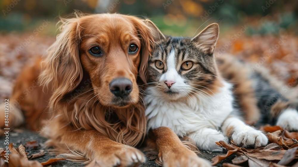 A close-up of a cat and dog lying next to each other on the ground with leaves surrounding them A close-up of a cat and dog lying next to each other on the ground with leaves surrounding them