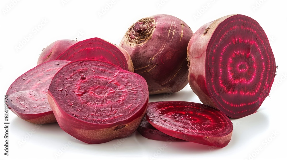 On a pristine white background, vibrant red beetroot and slices are displayed, with clipping paths included for easy editing. On a pristine white background, vibrant red beetroot and slices are displayed, with clipping paths included for easy editing.