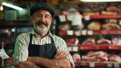 Portrait of a seller at meat shop, blurred shelves in the background 