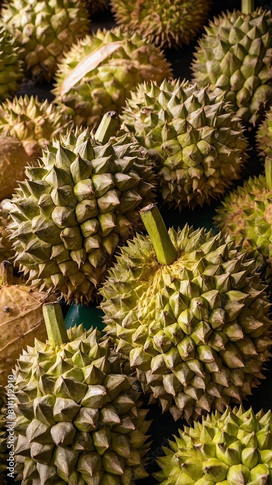 Collection of durians presented, each showcasing distinctive spiky exterior. Spikes, tightly packed, exhibit greenish-brown hue, creating formidable texture that both intriguing, unique.