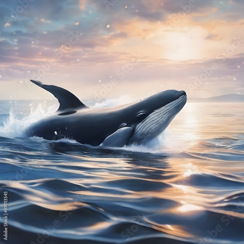 AI generated illustration of a whale swimming above the surface of the sea photo