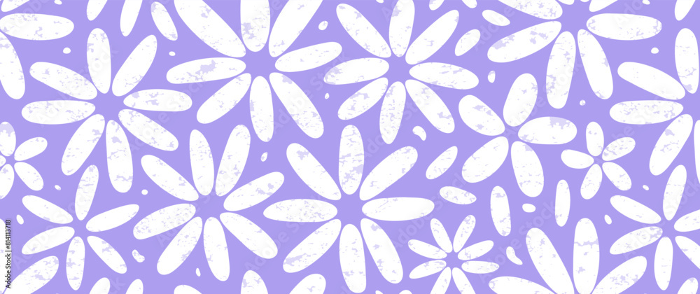 Groovy flower seamless pattern, spring floral background, grunge chamomile print, cute summer daisy pastel purple textile. Abstract naive violet and white vector illustration Groovy flower seamless pattern, spring floral background, grunge chamomile print, cute summer daisy pastel purple textile. Abstract naive violet and white vector illustration