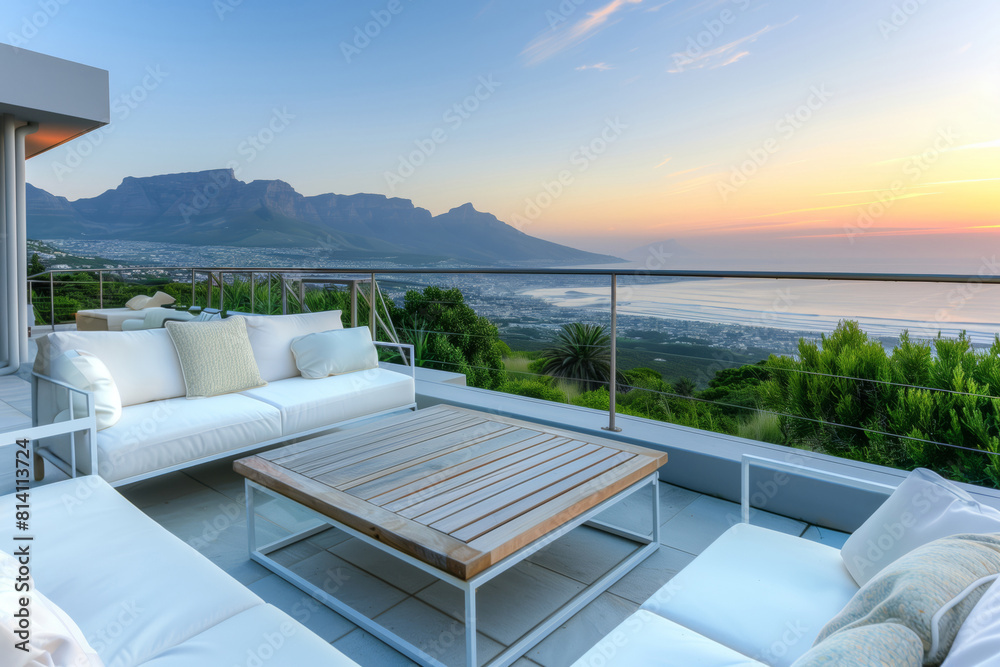 Fototapeta premium Spacious terrace with modern furnishings, ocean and mountain views