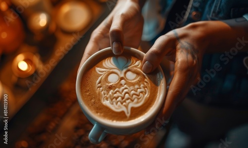 Barista Crafting Owl Latte Art Generative AI