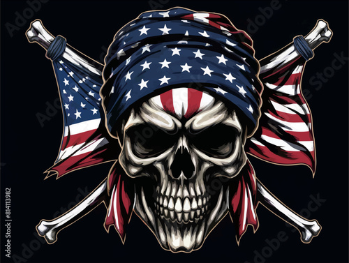 Vector drawing for t shirt design. 
Skull with american flag 
tied in bandana on head on black background. 
Fashionable print for fabric, paper, men clothing.
Pirate symbol, human skull and crossbones