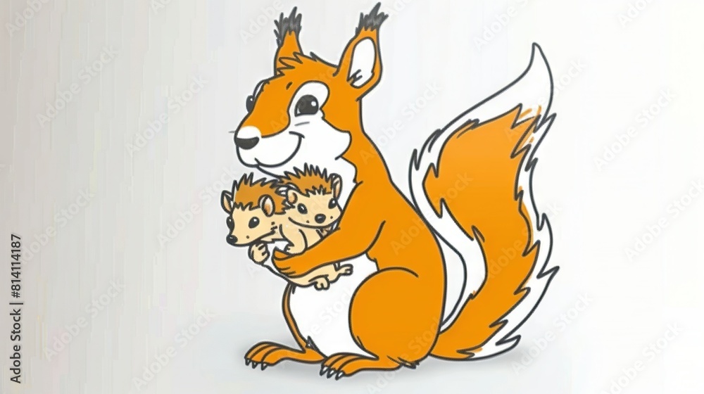 Fototapeta premium A photo of a squirrel carrying a baby squirrel on its back and another squirrel on its own back