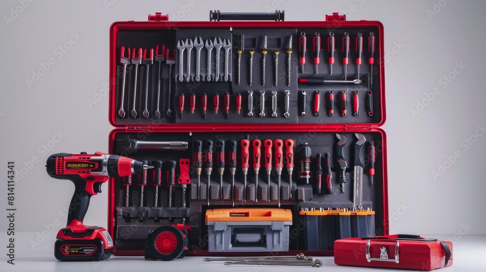 An organized red tool kit with drill, wrenches, and screwdrivers clearly displayed on gray background An organized red tool kit with drill, wrenches, and screwdrivers clearly displayed on gray background