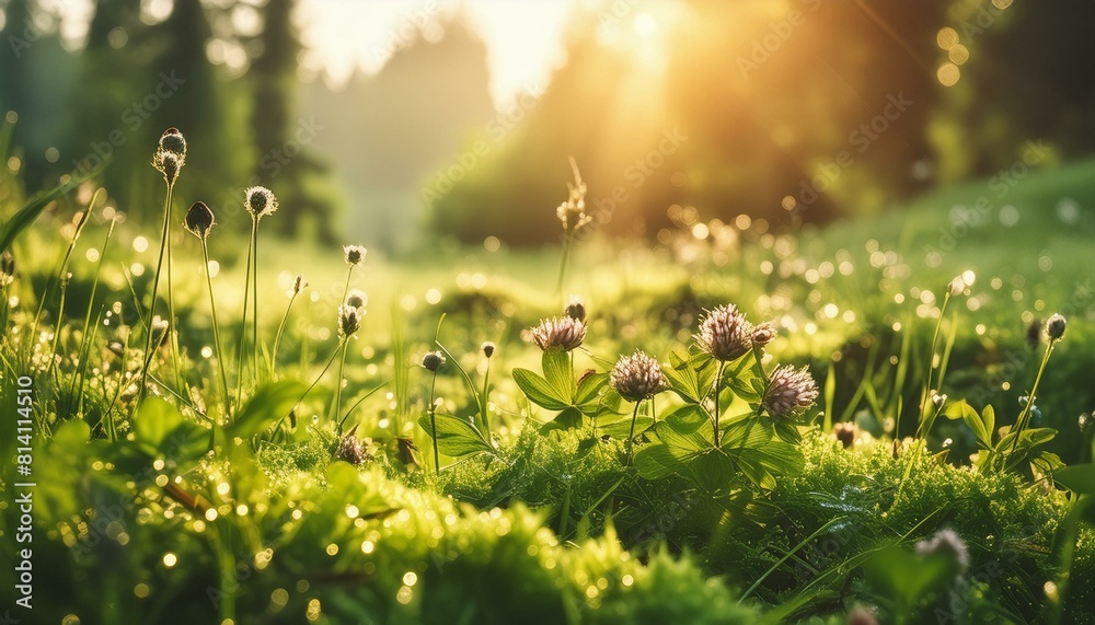 A lush, green meadow carpeted with wildflowers, bathed in the soft glow of early morning light. AI generated