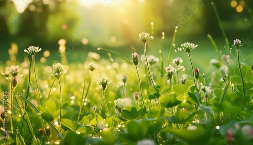 A lush, green meadow carpeted with wildflowers, bathed in the soft glow of early morning light. AI generated