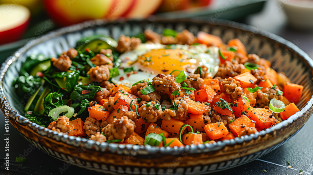 A white bowl filled with a colorful salad of meat, vegetables, and spices. The bowl is placed on a countertop with a green apple nearby. Concept of freshness and healthiness A white bowl filled with a colorful salad of meat, vegetables, and spices. The bowl is placed on a countertop with a green apple nearby. Concept of freshness and healthiness