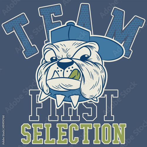 Cute american football college league bulldogs champs vector print for kid t shirt sport wear grunge effect in separate layer. Varsity and college style University.