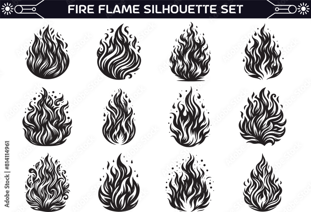 Fire Flame Silhouette Vector Illustration Set