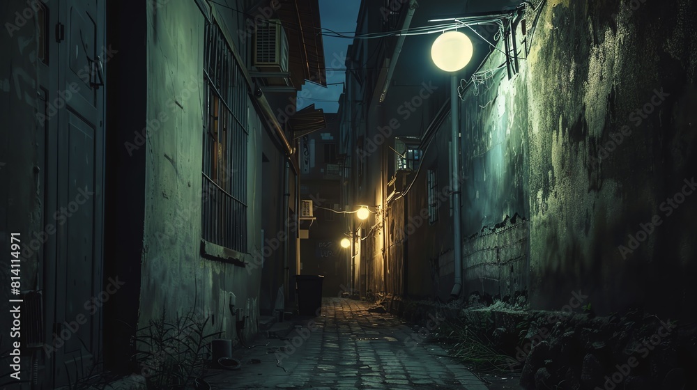 A dark and narrow alleyway, lit only by a few flickering street lamps A dark and narrow alleyway, lit only by a few flickering street lamps