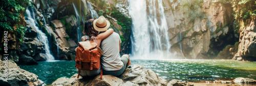 The travel, tourism, vacation, and holidays concept depicted. Young lovely couple tourists with backpacks sit on the rock, marveling at the magnificent view of the waterfalls from behind, banner.
