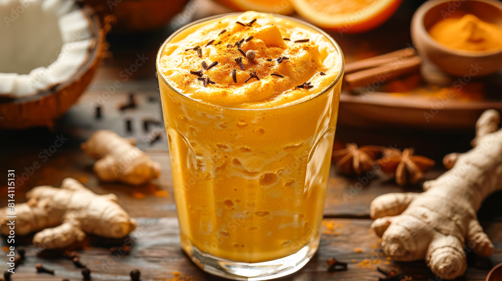 A glass of a drink with a garnish of cinnamon and ginger on a table. The drink is a mix of orange juice and milk