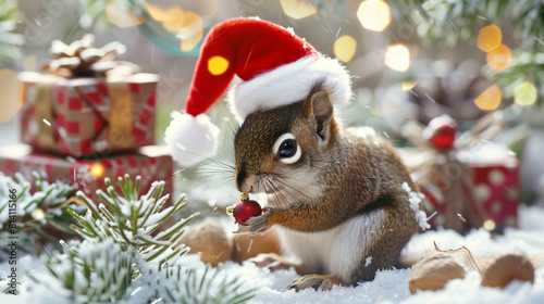 A charming baby squirrel with a red Christmas cap nibbling on a snow-covered acorn surrounded by Santa's gifts