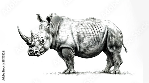 Rhinoceros side full body illustration  focus printmaking style  pen tracing  black and white  human expression