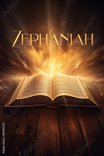 Book of Zephaniah. Open glowing Bible set on wood. Rays of golden light emanating from the book. Ideal for bible studies, religious meetings, intros, and much more. Vertical with copy space. photo