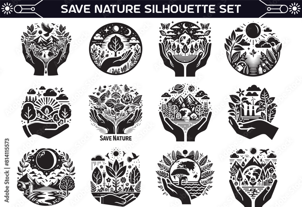 Fototapeta premium Save Nature Silhouette Vector Illustration Set