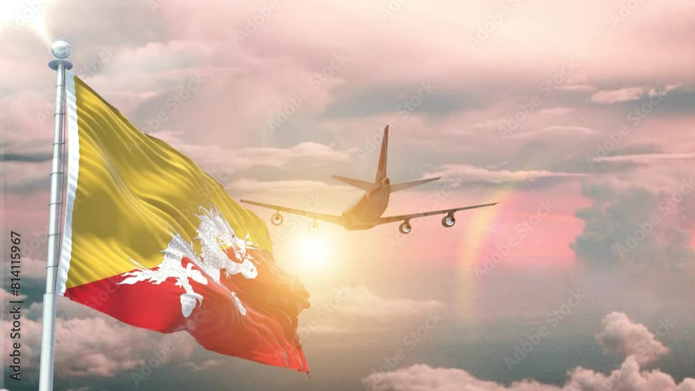Bhutan flag Waving Realistic With Sky Plane Takes Off At Sunrise