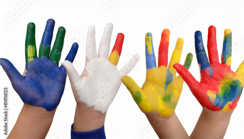 Colorful Painted Hands of Children on White Background