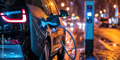A picture about the electric vehicle that has been charging at the charging station and has been connected with the charger that has been connecting to the electric vehicle to become new tech. AIGX01.