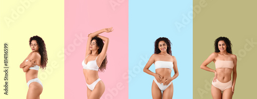 Set of beautiful young African-American woman with stretch marks on her body against color background photo