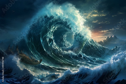 Massive Tsunami wave. Nature ocean storm. Generate Ai