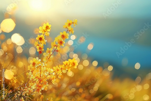 Gleaming Gold Gorse Flowers on a Hillside, Ample Text Space on a Sunny Day Blurred Background photo