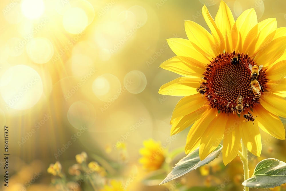 Golden Sunflower with Bees, Ideal Text Space on a Sunny, Soft-focus Background Golden Sunflower with Bees, Ideal Text Space on a Sunny, Soft-focus Background