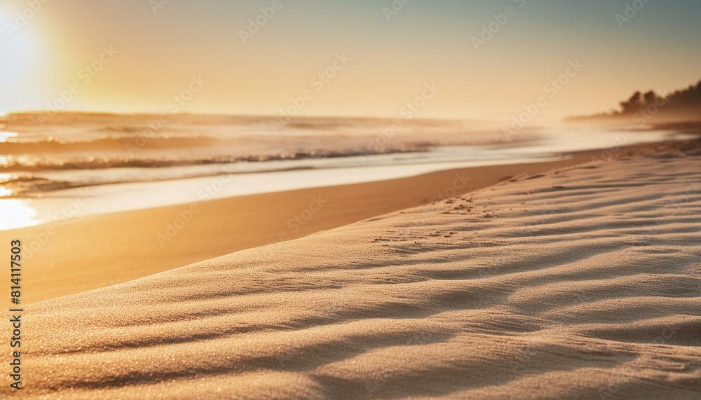 A pristine sandy beach stretching as far as the eye can see, kissed by the gentle rays of the morning sun. AI generated