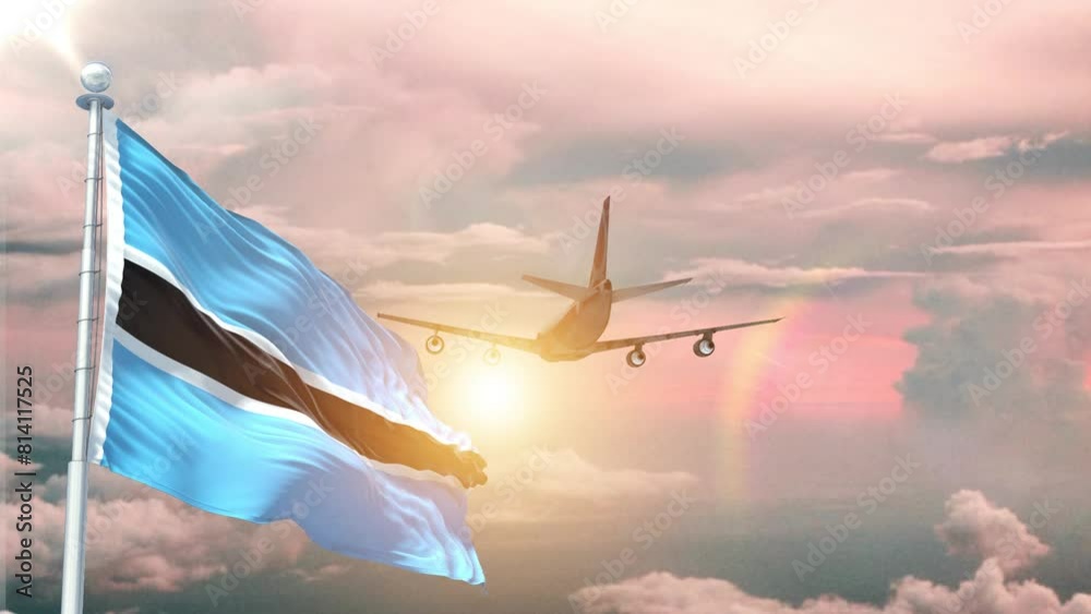  Botswana flag Waving Realistic With Sky Plane Takes Off At Sunrise