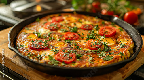 A large pan filled with savory food, garnished with fresh tomatoes and aromatic herbs, tempting the senses with its delicious aroma.