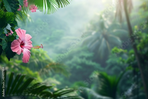 Rainforest Hibiscus in Bloom  Perfect for Text on a Tropical Forest Blurred Background