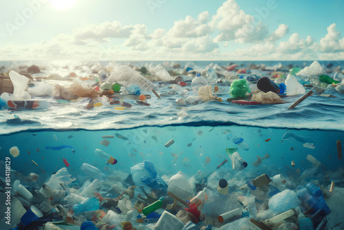 ocean pollution, various waste, plastic garbage floating in the water