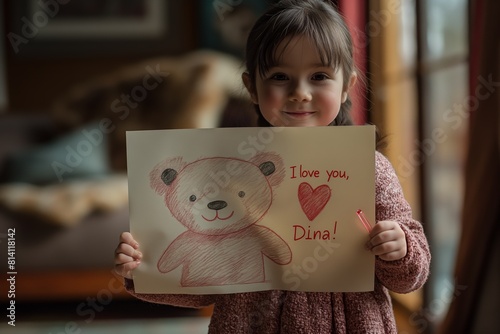 A smiling girl with a picture of a bear cub with a red heart and a touching inscription: I love Dina