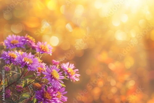 Rustic Sunlit Asters in Autumn, Ideal Text Space on a Warm Golden Blurred Background © SardarMuhammad