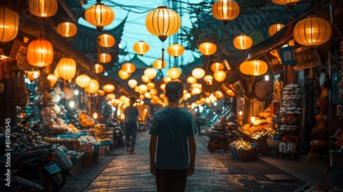 A young man with a backpack stands amidst a bustling street adorned with vibrant red lanterns in an atmospheric Asian market scene.