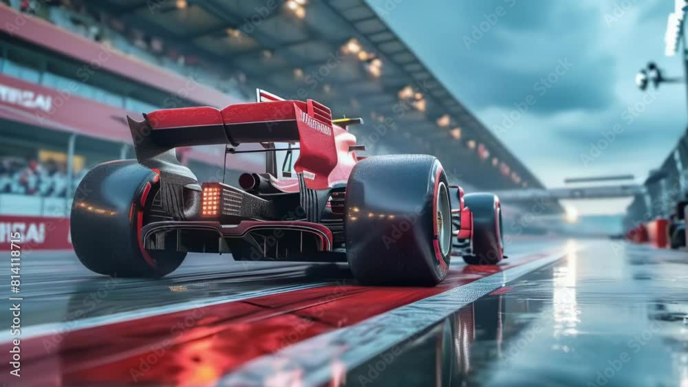 Sleek Red Formula 1 Car on Rainy Racetrack. Car Leaving Pit Lane During Race. Seamless Looping Animation for Determination & Focus.
