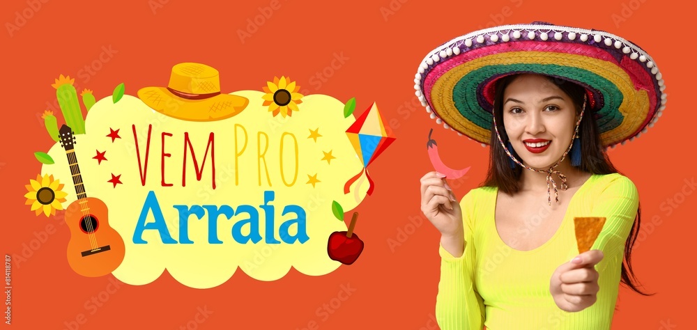 Greeting banner for Festa Junina (June Festival) with happy young woman Greeting banner for Festa Junina (June Festival) with happy young woman
